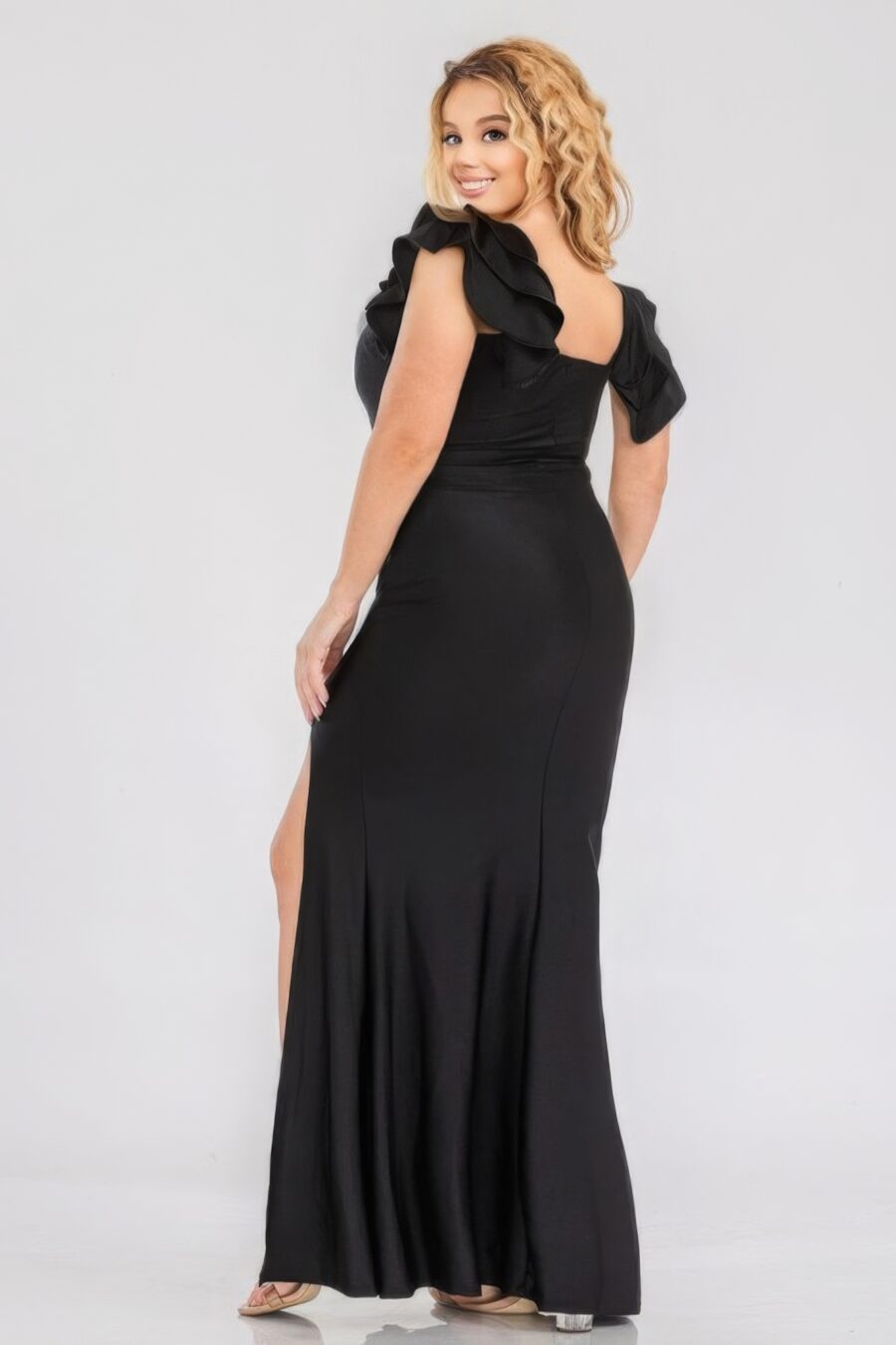 Plus satin strech ruffle party maxi dress