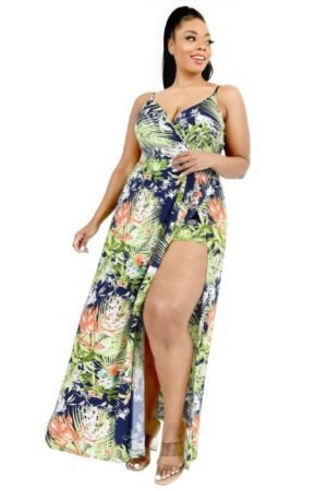 Plus Tropical Leaf Print Surplice Maxi Dress Curvy Women’s Summer Maxi Dress with Tropical Leaf Print. Plus Size Tropical Dress with Surplice Neckline. Plus Size Tropical Leaf Print Surplice Maxi Dress – Front View
