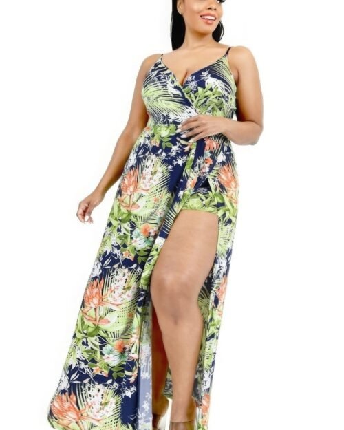 curvy women’s summer maxi dress with tropical leaf print. plus size tropical dress with surplice neckline. plus size tropical leaf print surplice maxi dress – front view