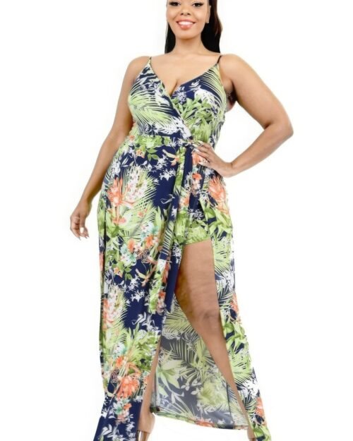 curvy women’s summer maxi dress with tropical leaf print. plus size tropical dress with surplice neckline. plus size tropical leaf print surplice maxi dress – front view