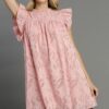 Jacquard Lace Ruffle Short Sleeve Dress With Back Button Keyhole