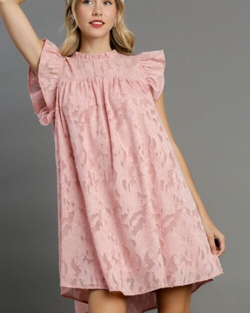 Jacquard Lace Ruffle Short Sleeve Dress With Back Button Keyhole