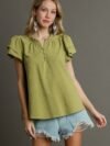 Boxy Cut Faux Button Ruffle Neckline Top With Short Layered Sleeves