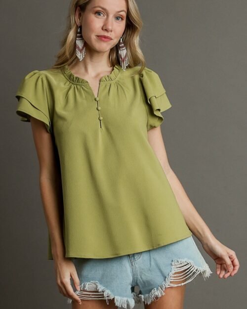 Boxy Cut Faux Button Ruffle Neckline Top With Short Layered Sleeves