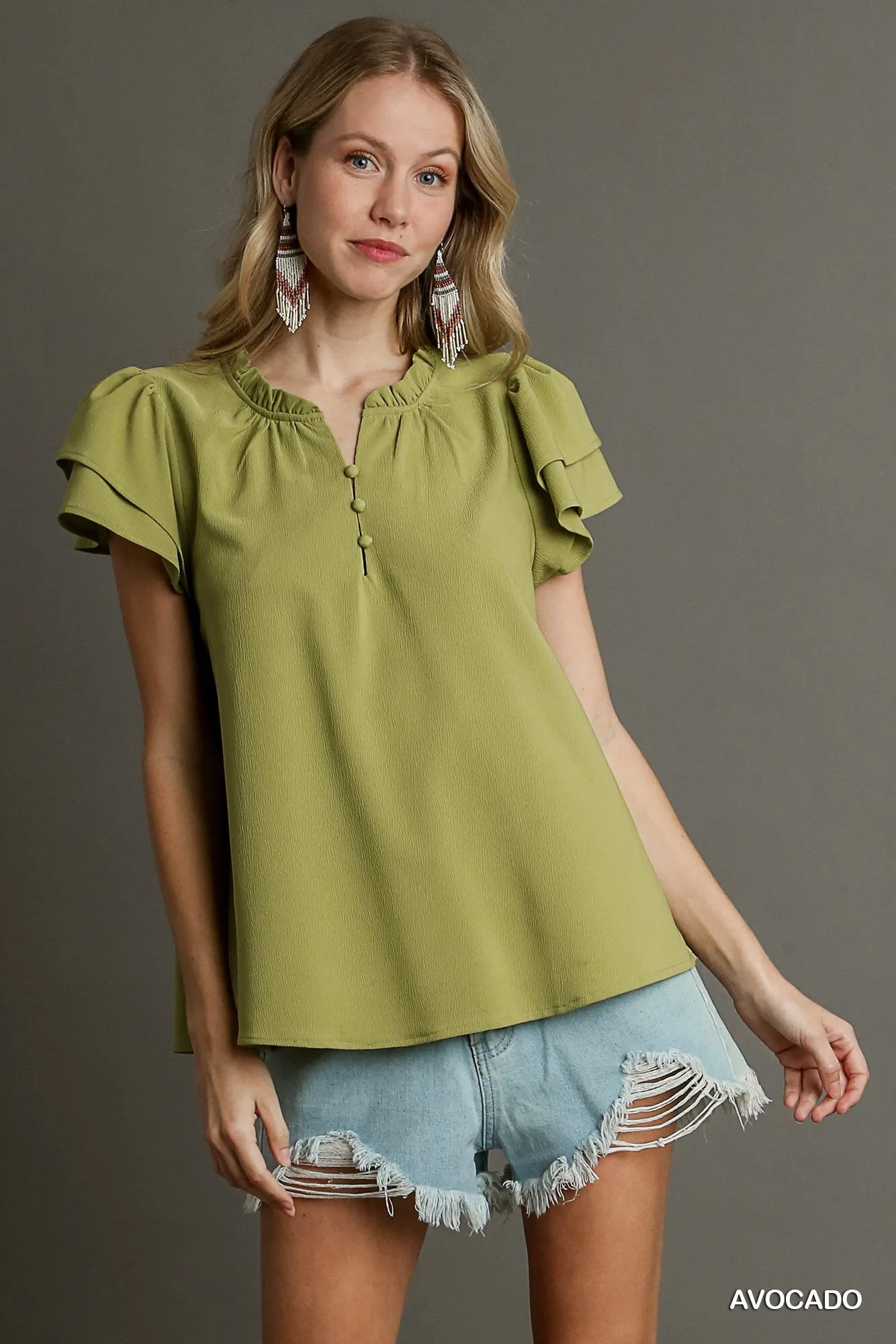 boxy cut faux button ruffle neckline top with short layered sleeves