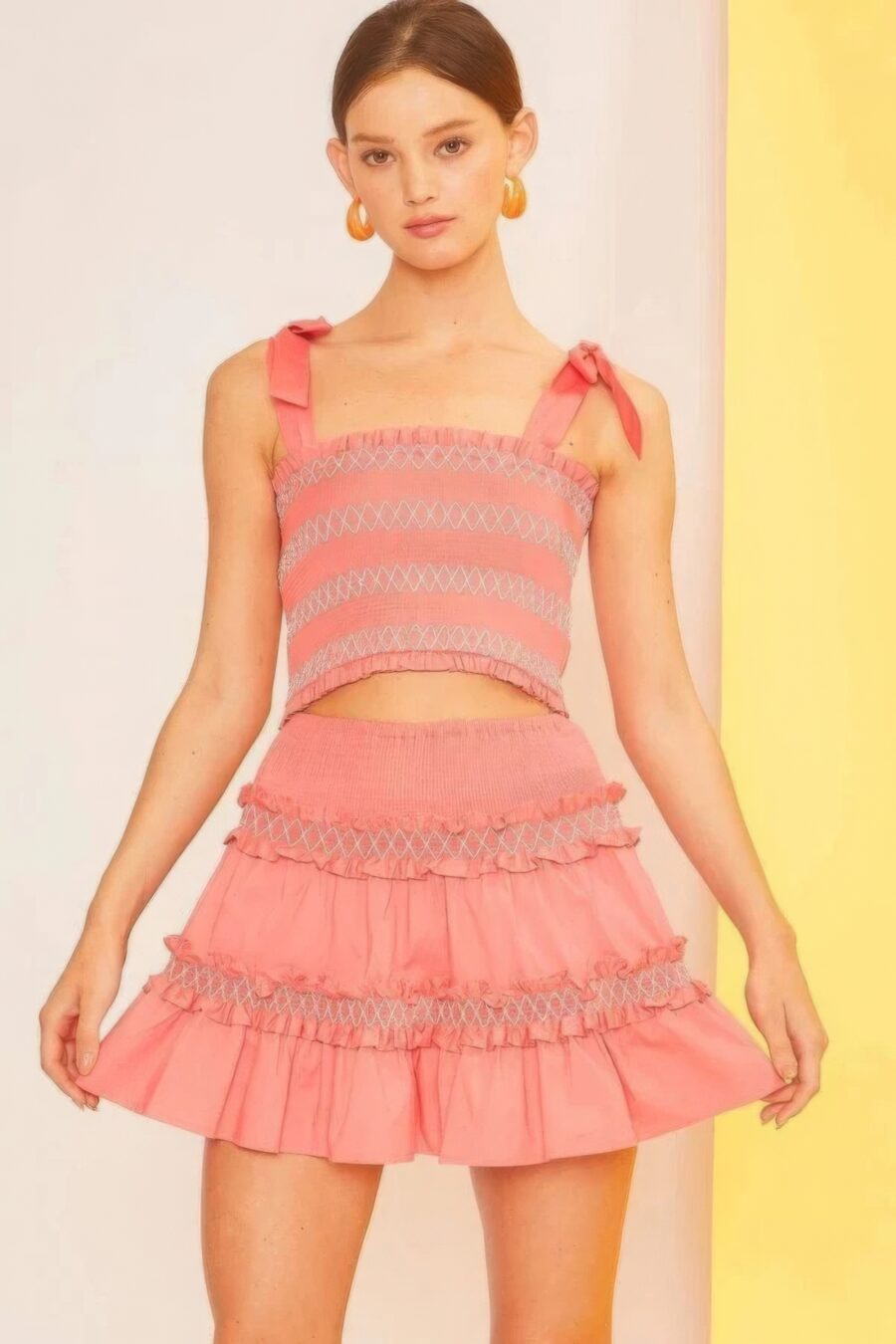 Self tie shoulder smocking ruffle crop top