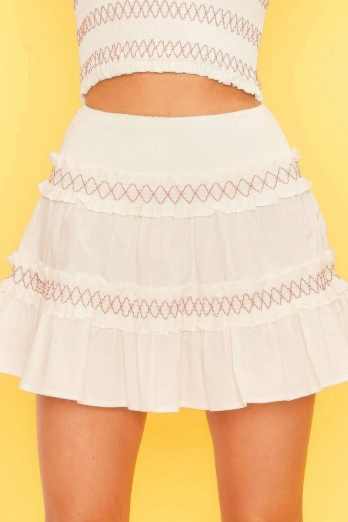 Waist smocking ruffle and shirring mini skirt