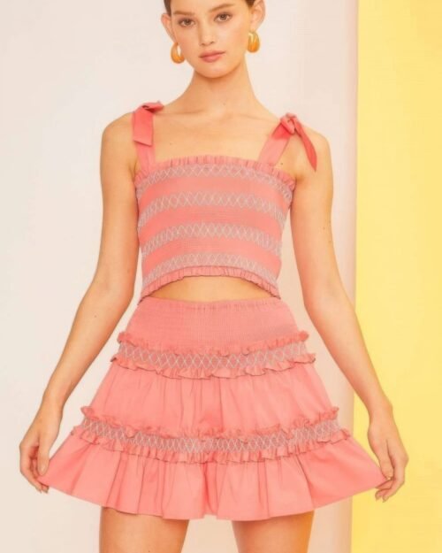 waist smocking ruffle and shirring mini skirt