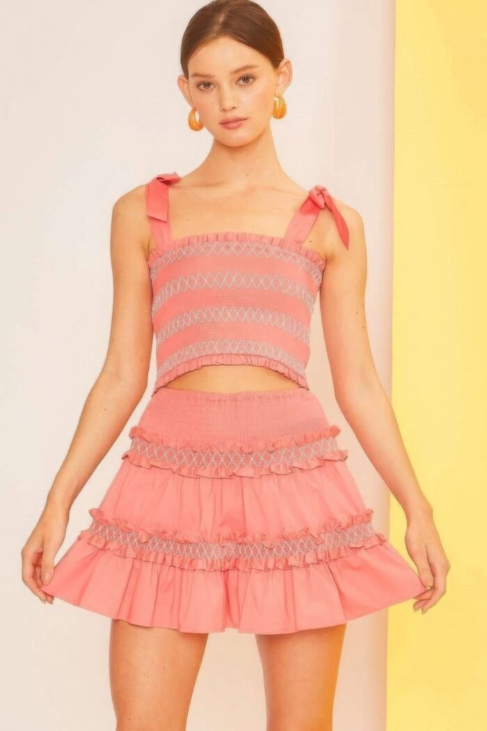 Waist smocking ruffle and shirring mini skirt