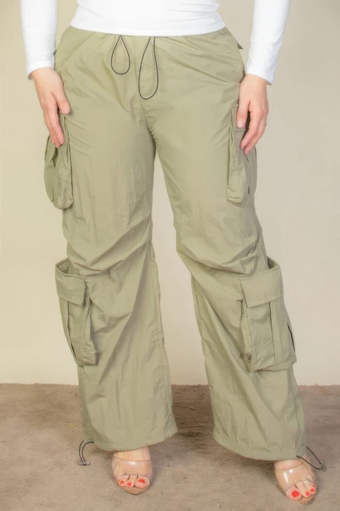 Plus size flap pockets drawstring ruched parachute pants