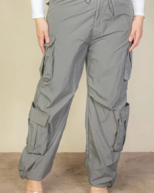 plus size flap pockets drawstring ruched parachute pants