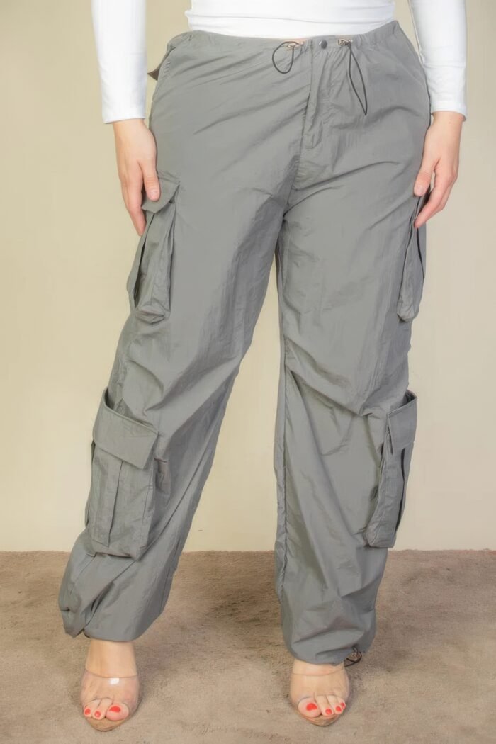 Plus size flap pockets drawstring ruched parachute pants