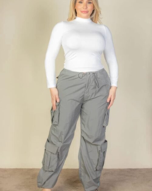 plus size flap pockets drawstring ruched parachute pants