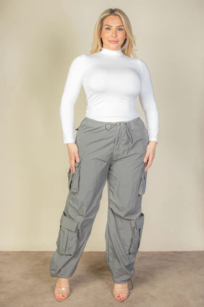 Plus size flap pockets drawstring ruched parachute pants