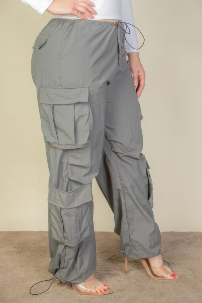 Plus size flap pockets drawstring ruched parachute pants