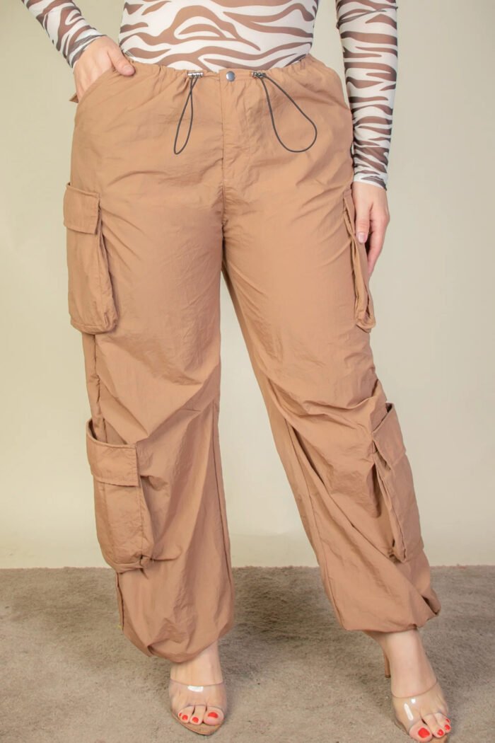 Plus size flap pockets drawstring ruched parachute pants