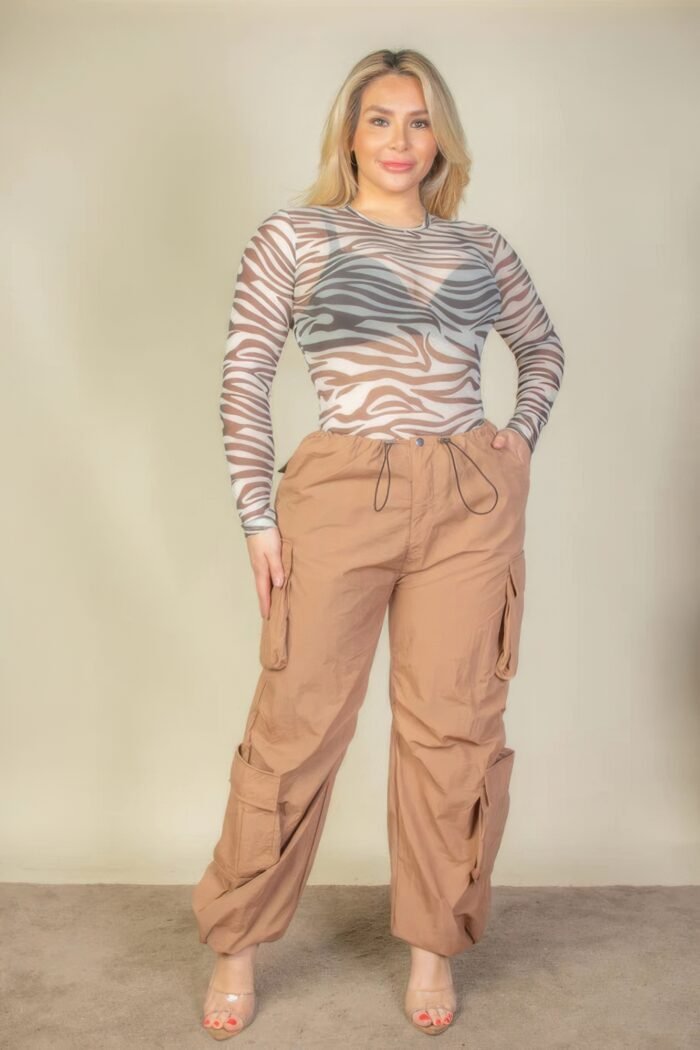 Plus size flap pockets drawstring ruched parachute pants