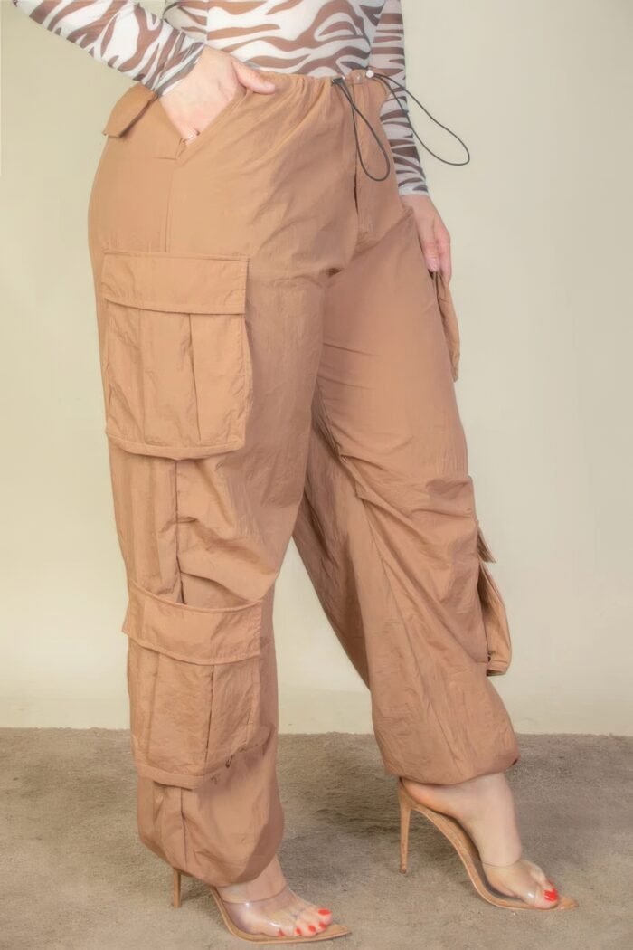 Plus size flap pockets drawstring ruched parachute pants