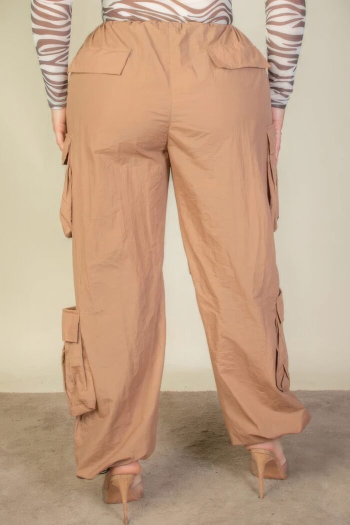 Plus size flap pockets drawstring ruched parachute pants