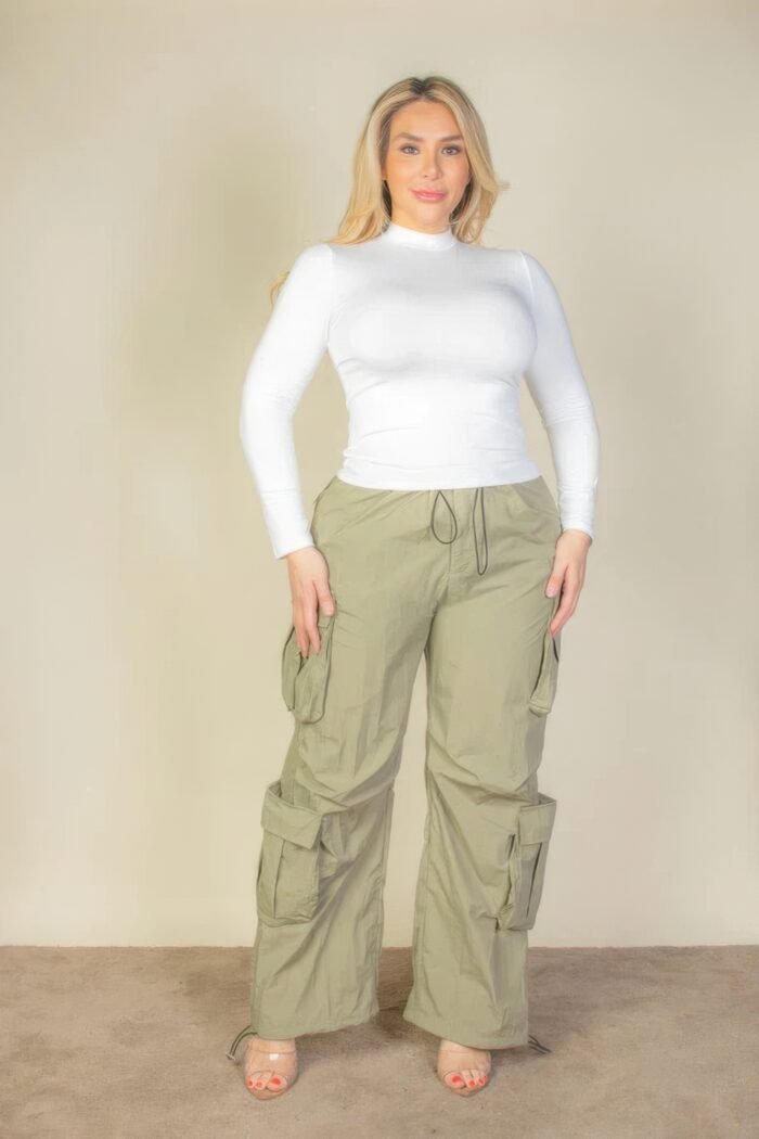 Plus size flap pockets drawstring ruched parachute pants