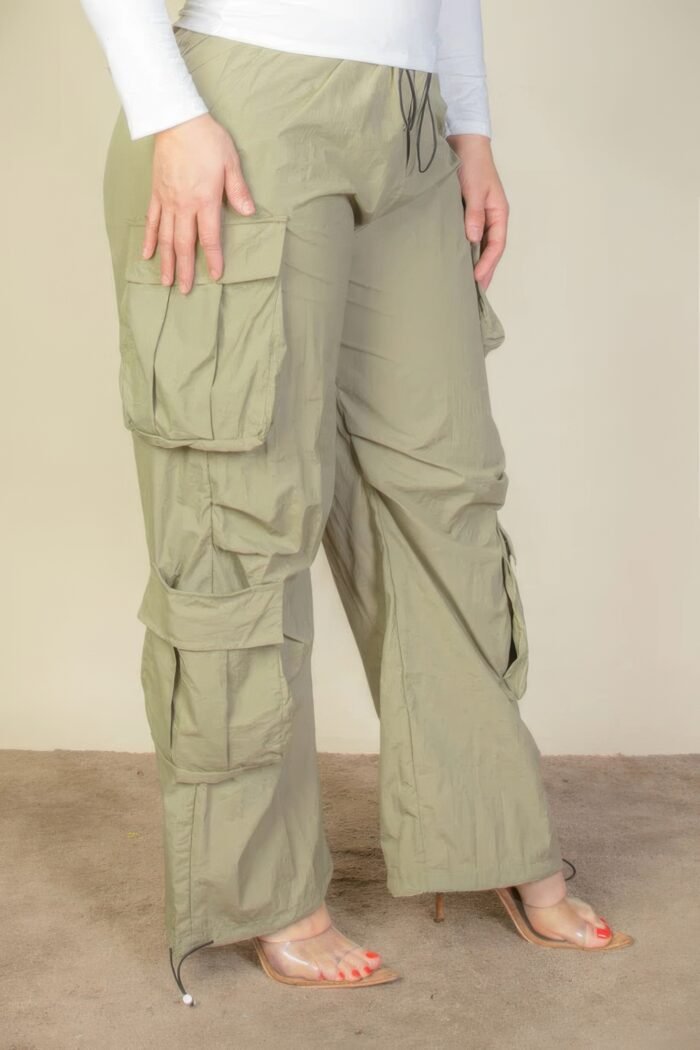 Plus size flap pockets drawstring ruched parachute pants