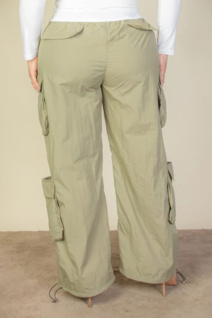 Plus size flap pockets drawstring ruched parachute pants