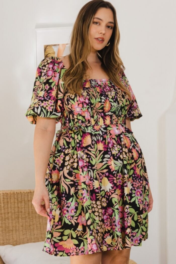 Plus floral printed center tie-back mini dress