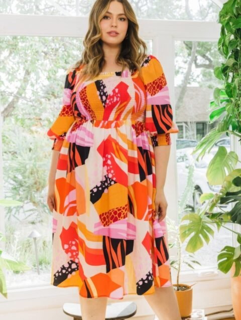 Plus Floral Print Square Neckline Midi Dress