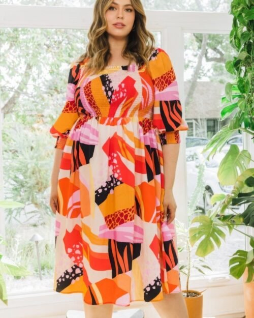 Plus Floral Print Square Neckline Midi Dress