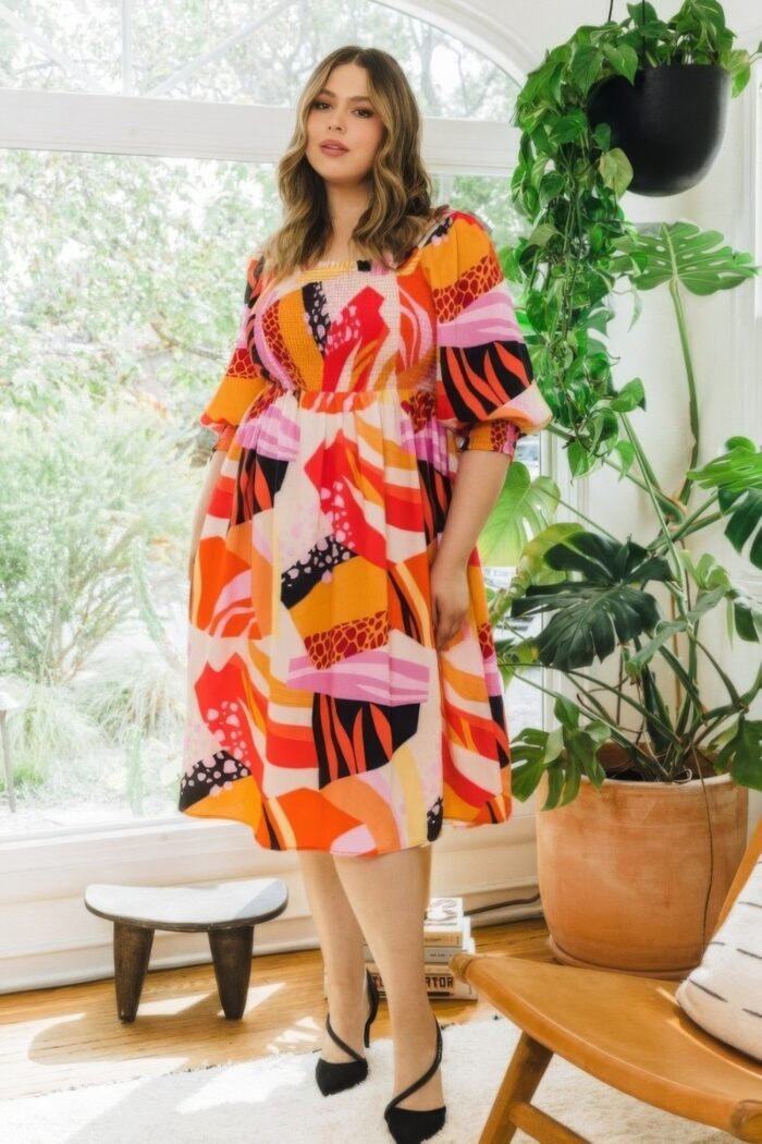Plus floral print square neckline midi dress