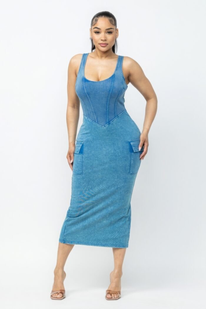 Acid washed cargo midi dress