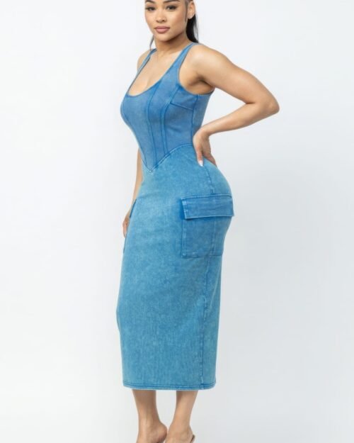 acid washed cargo midi dress