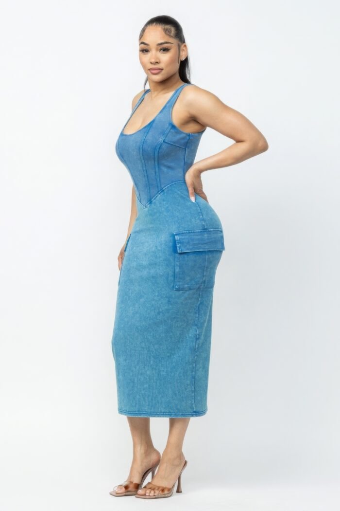 Acid washed cargo midi dress