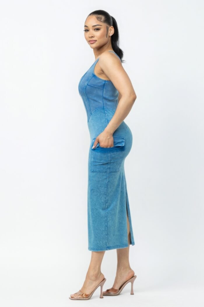 Acid washed cargo midi dress