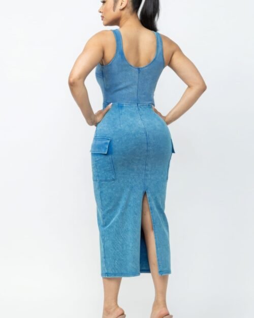 acid washed cargo midi dress