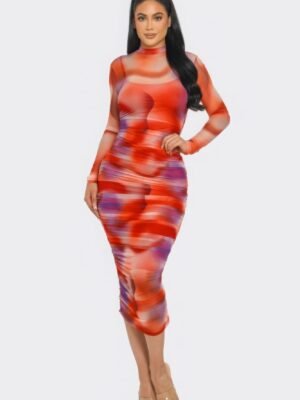 Summer Heat Print Mesh Ruched Midi Dress
