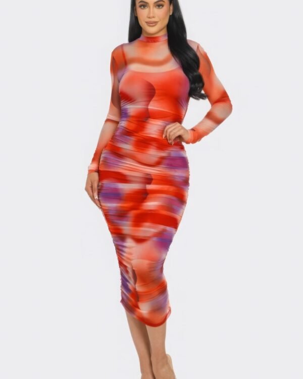 Summer Heat Print Mesh Ruched Midi Dress