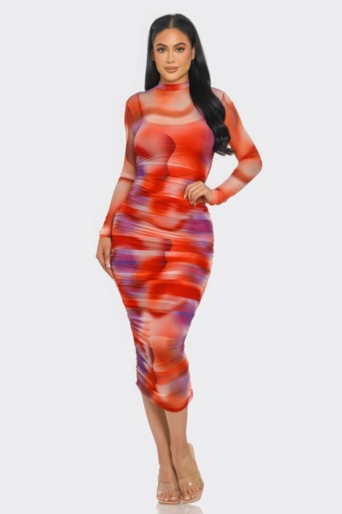 Summer heat print mesh ruched midi dress