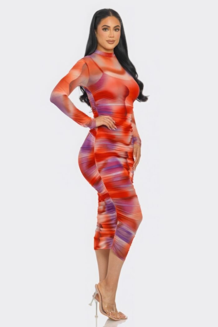 Summer heat print mesh ruched midi dress