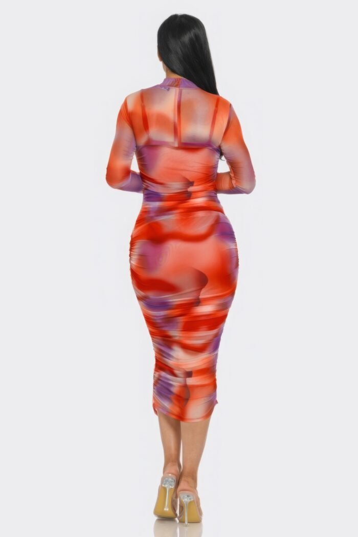 Summer heat print mesh ruched midi dress