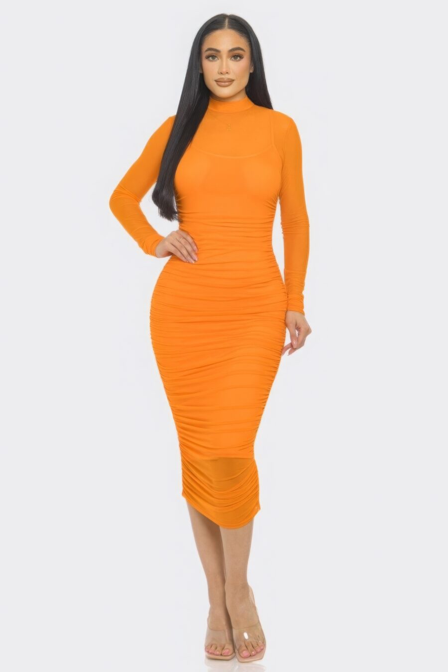 Solid mesh ruched midi dress