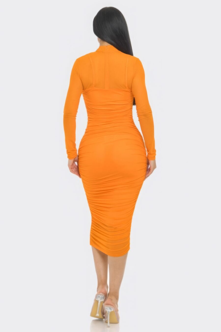 Solid mesh ruched midi dress