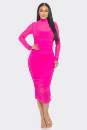 Solid Mesh Ruched Midi Dress Solid Mesh Ruched Midi Dress