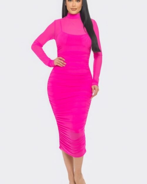 solid mesh ruched midi dress