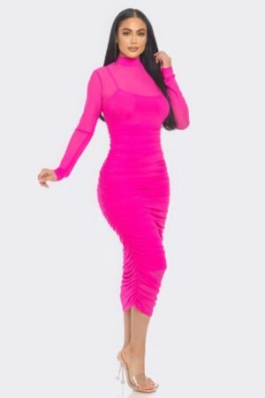 Solid Mesh Ruched Midi Dress Solid Mesh Ruched Midi Dress