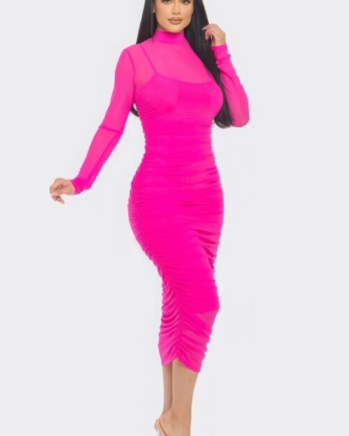 solid mesh ruched midi dress