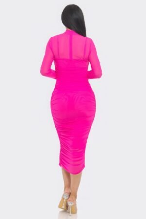 Solid Mesh Ruched Midi Dress Solid Mesh Ruched Midi Dress