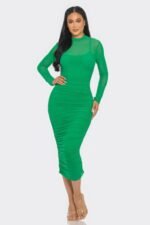 Solid Mesh Ruched Midi Dress - Image 3