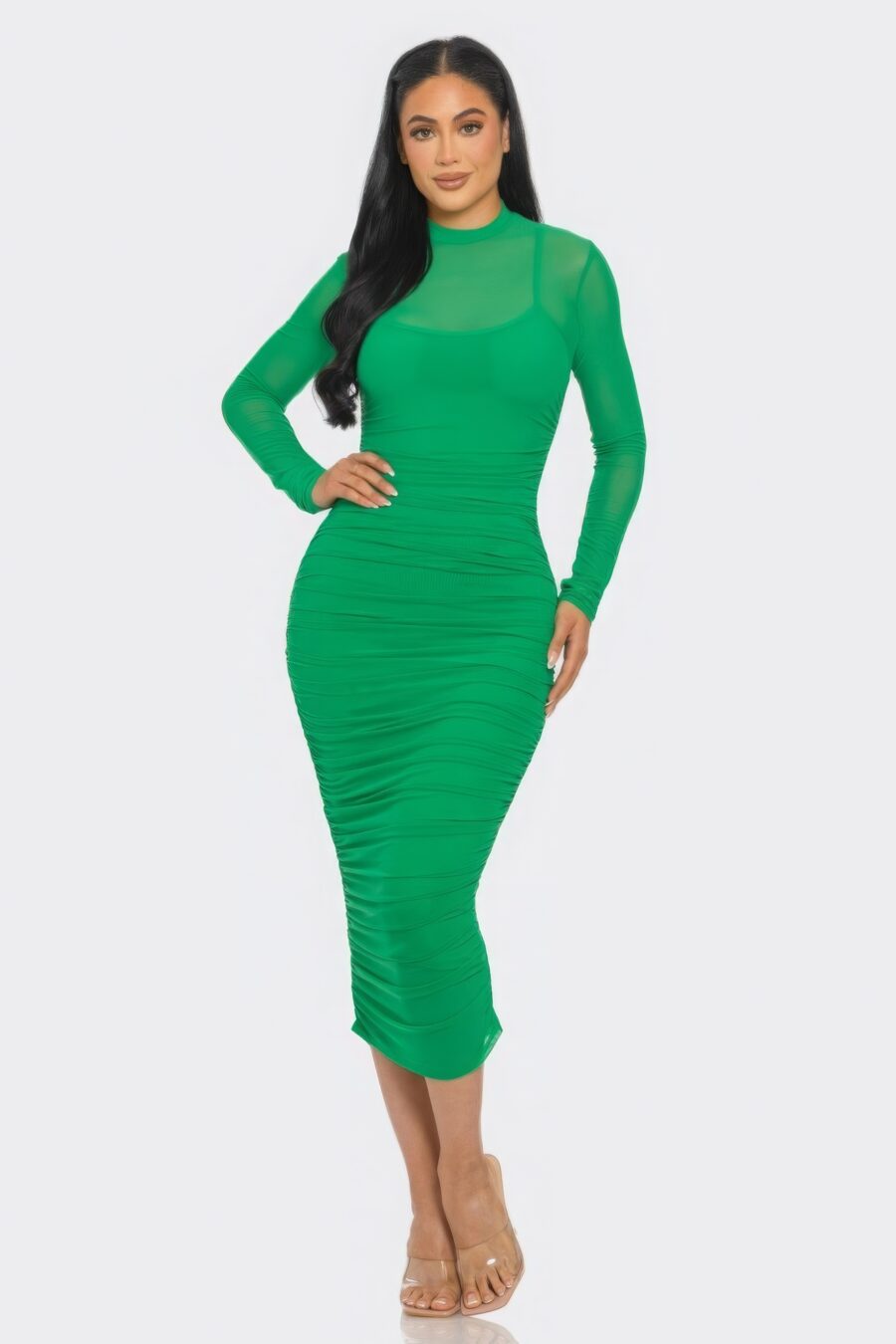 Solid mesh ruched midi dress