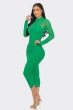 Solid Mesh Ruched Midi Dress - Image 4